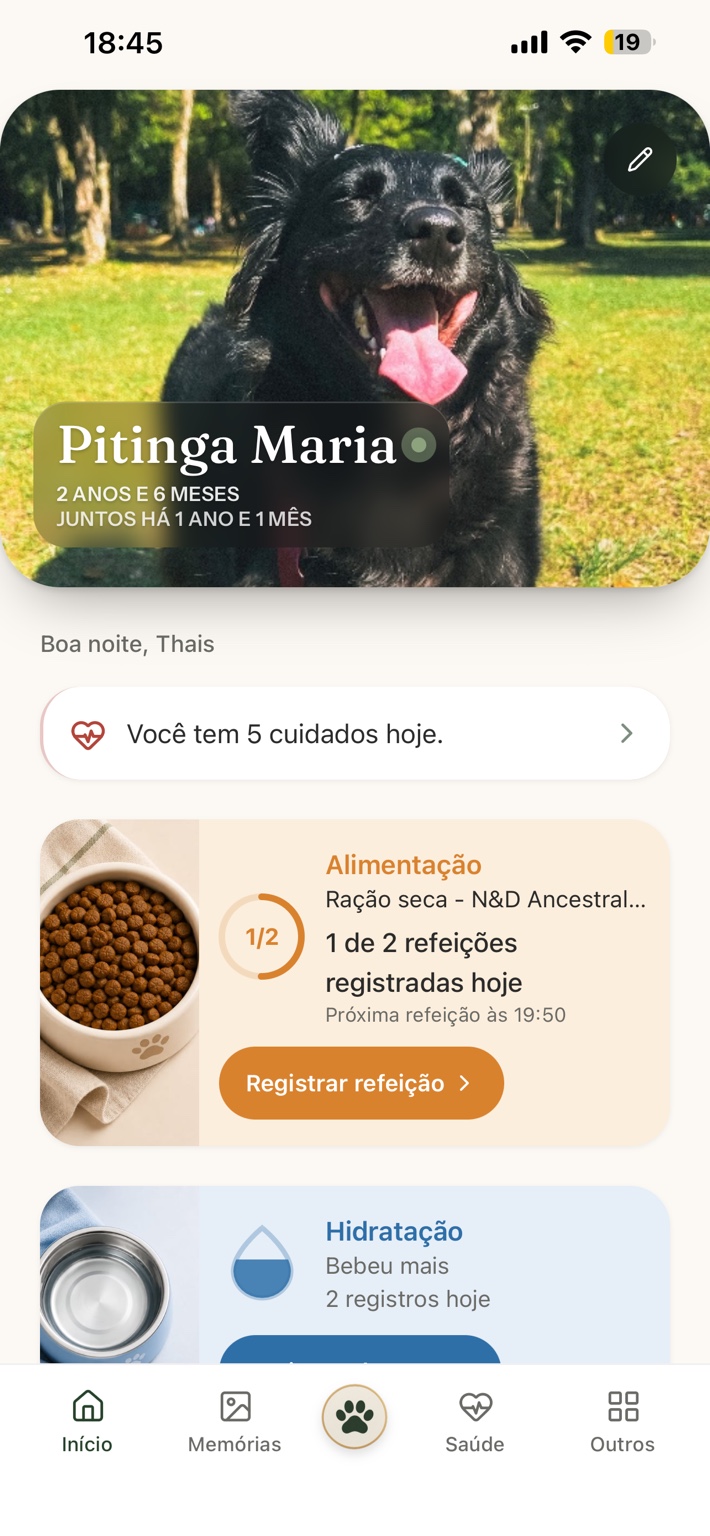 Tela inicial do NORIV mostrando cuidados e rotina do pet