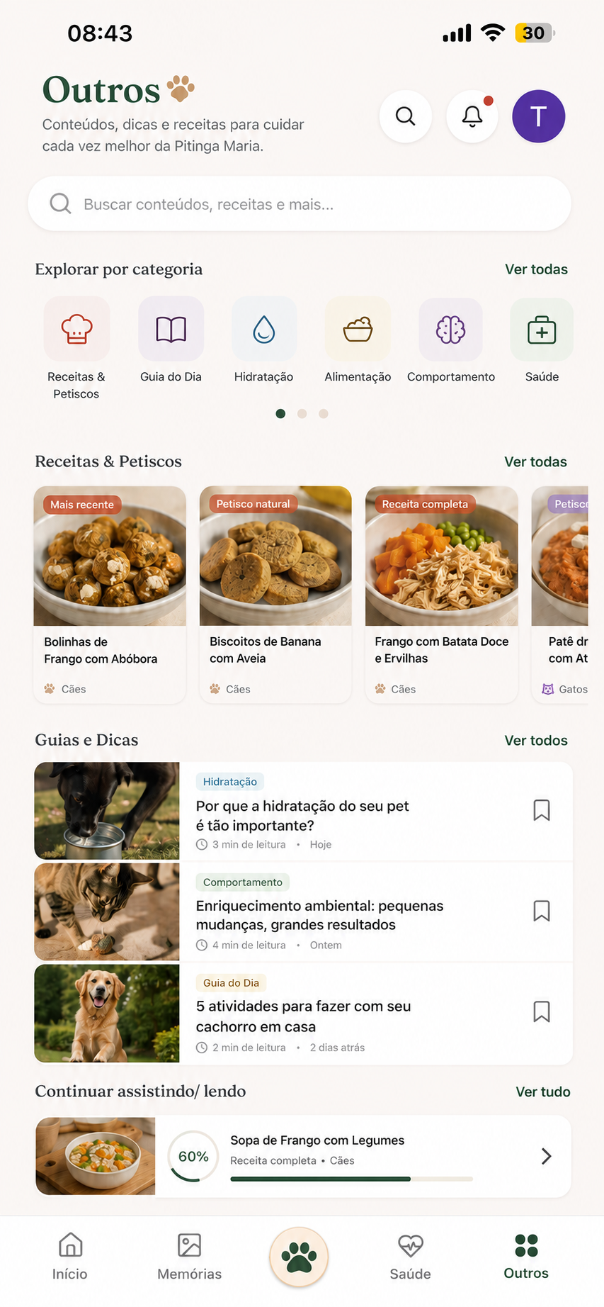 Tela de Outros do NORIV com guias, receitas e categorias de conteúdo